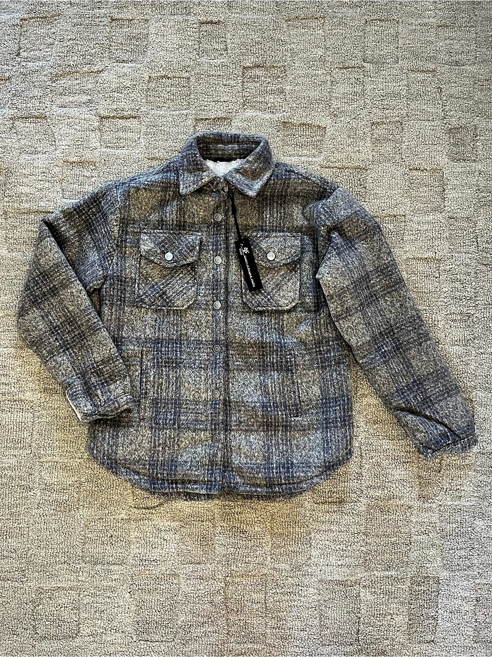 NWT Cozy Plaid Fleece Button-Down Shacket - Gray & Blue